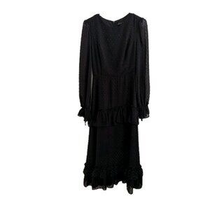 ​Black Swiss Dot Ruffle Dress Midi Long Sleeve Gothic Cottagecore Romantic XS